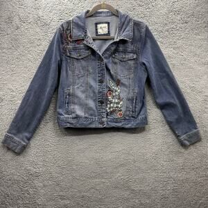 Vintage Mudd Women's XL Denim Jacket Embroidered Floral‎ Distressed Cropped Y2K